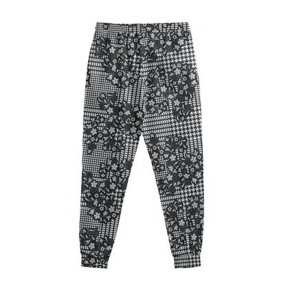 Black And White Floral Glen Plaid Print Sweatpants