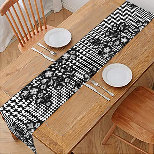 Black And White Floral Glen Plaid Print Table Runner