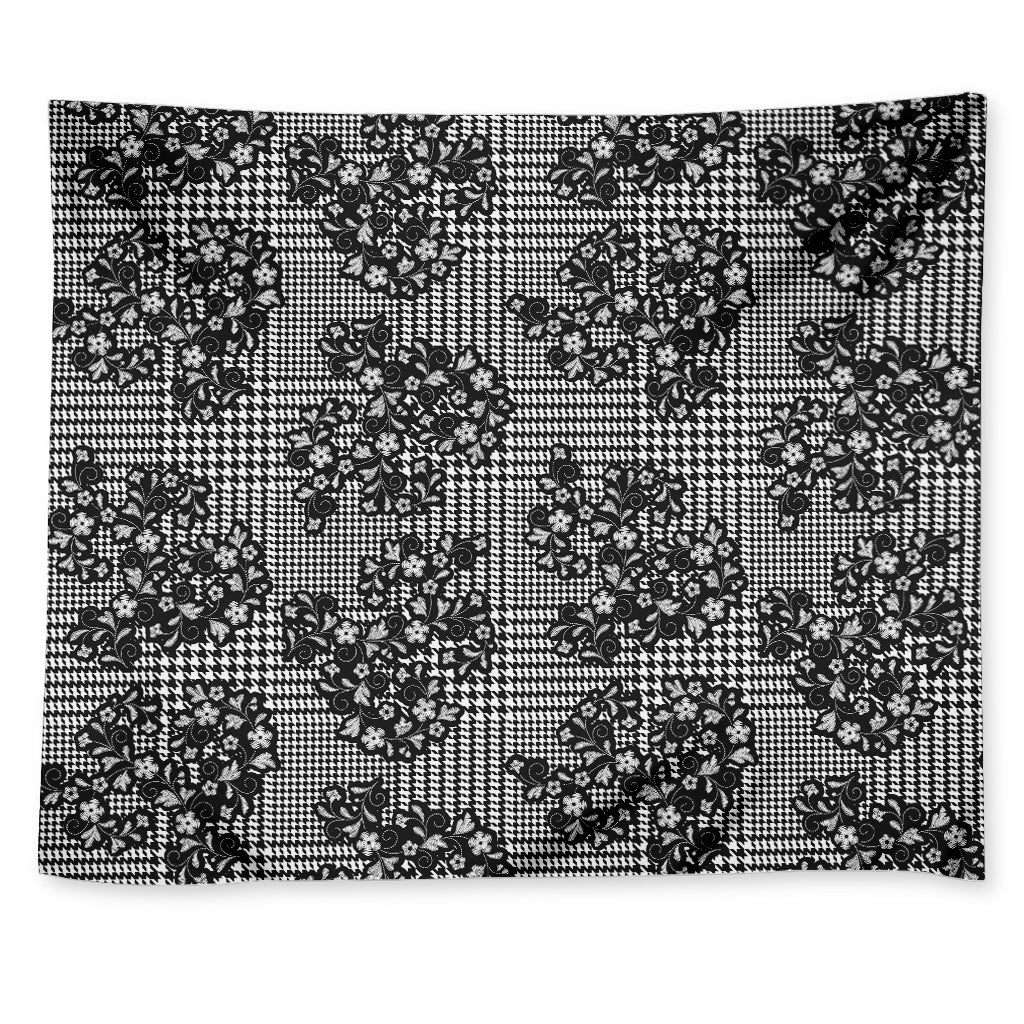 Black And White Floral Glen Plaid Print Tapestry