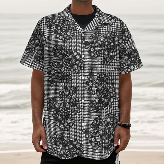 Black And White Floral Glen Plaid Print Textured Short Sleeve Shirt
