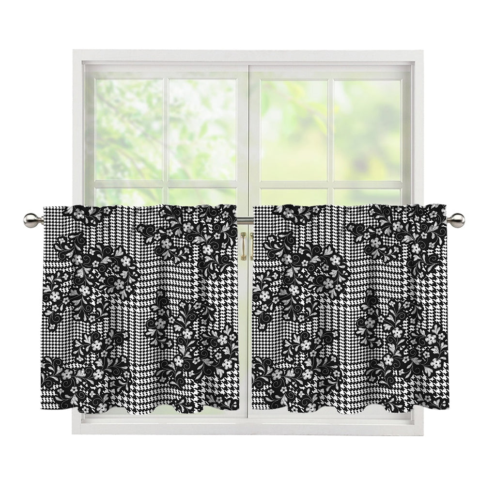 Black And White Floral Glen Plaid Print Tier Curtains