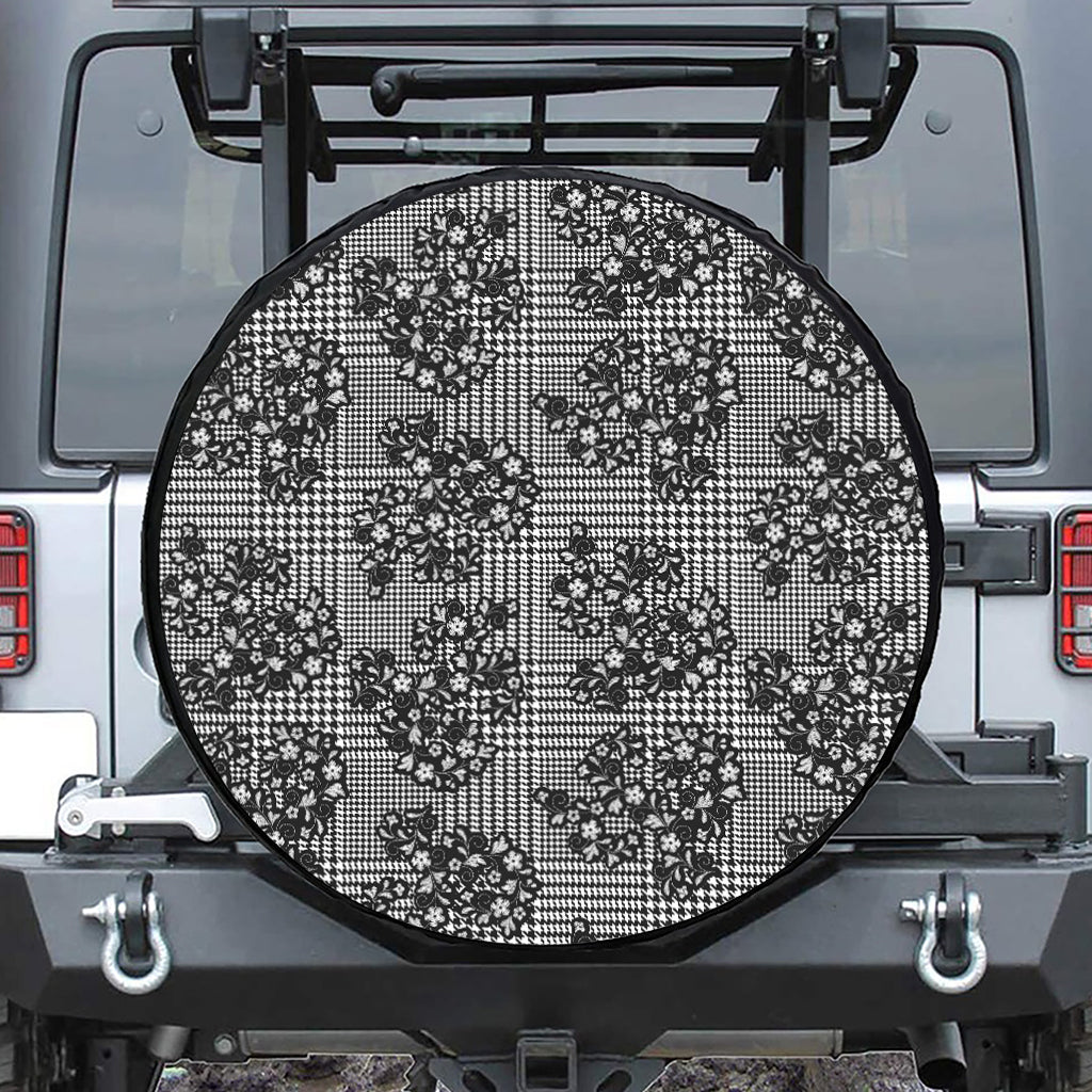 Black And White Floral Glen Plaid Print Tire Cover