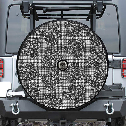 Black And White Floral Glen Plaid Print Tire Cover With Camera Hole