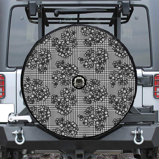 Black And White Floral Glen Plaid Print Tire Cover With Camera Hole