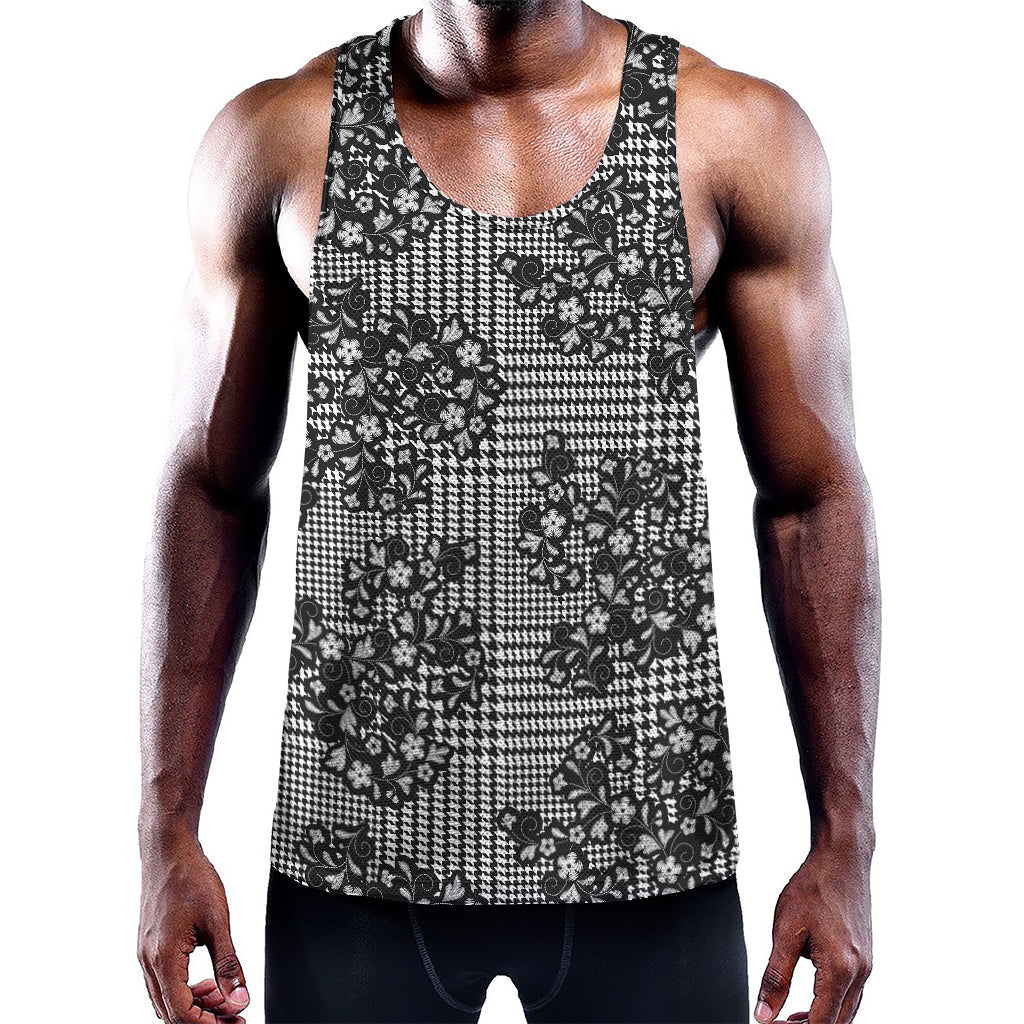 Black And White Floral Glen Plaid Print Training Tank Top