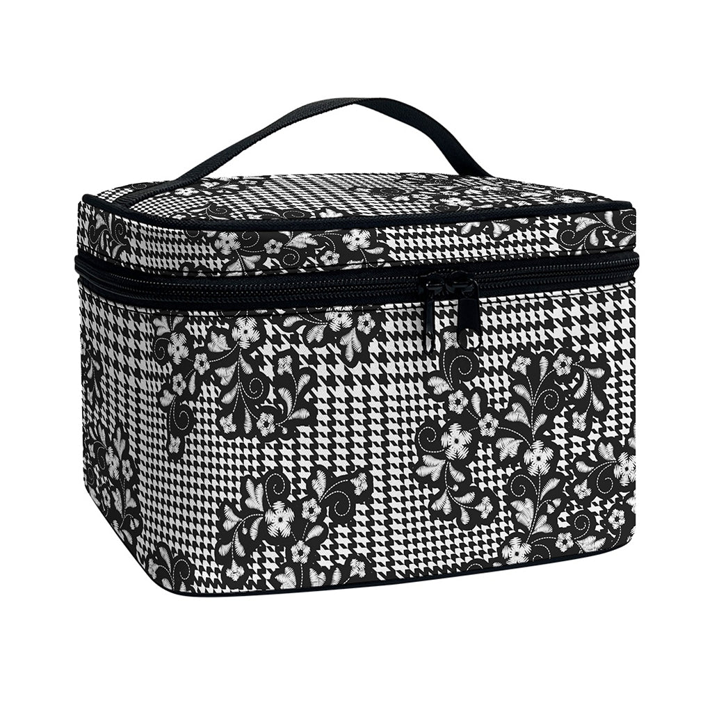 Black And White Floral Glen Plaid Print Travel Makeup Bag