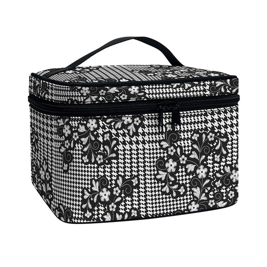 Black And White Floral Glen Plaid Print Travel Makeup Bag