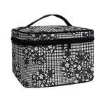Black And White Floral Glen Plaid Print Travel Makeup Bag