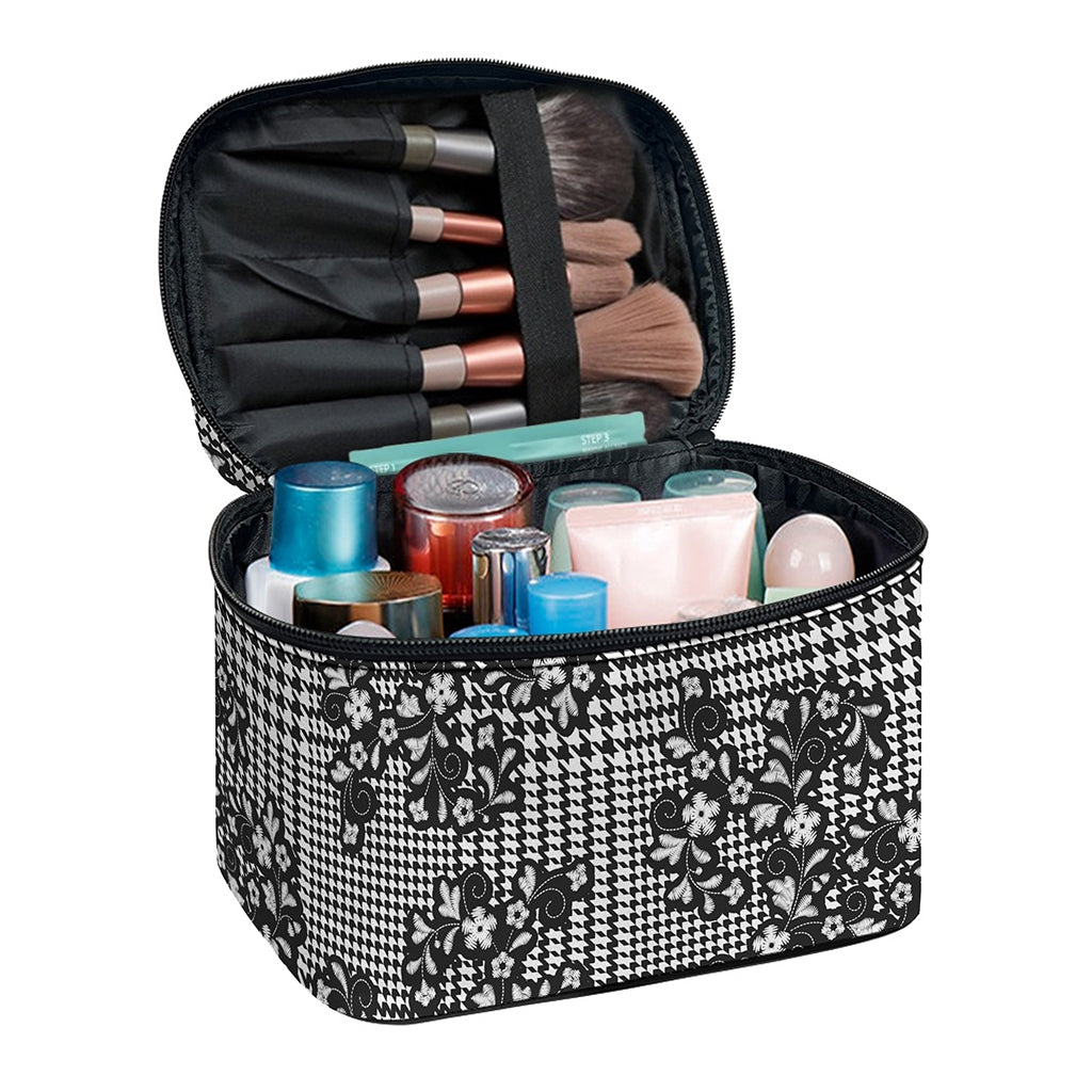 Black And White Floral Glen Plaid Print Travel Makeup Bag