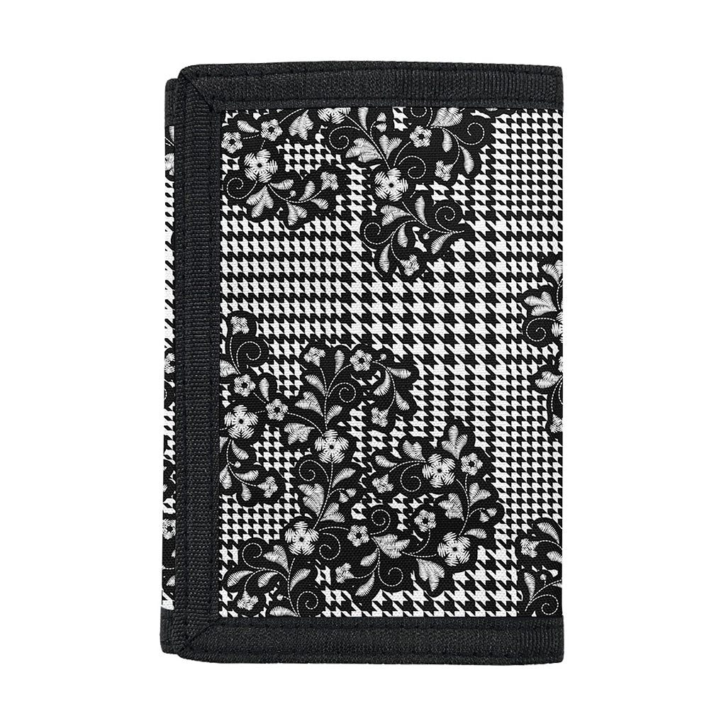 Black And White Floral Glen Plaid Print Trifold Wallet