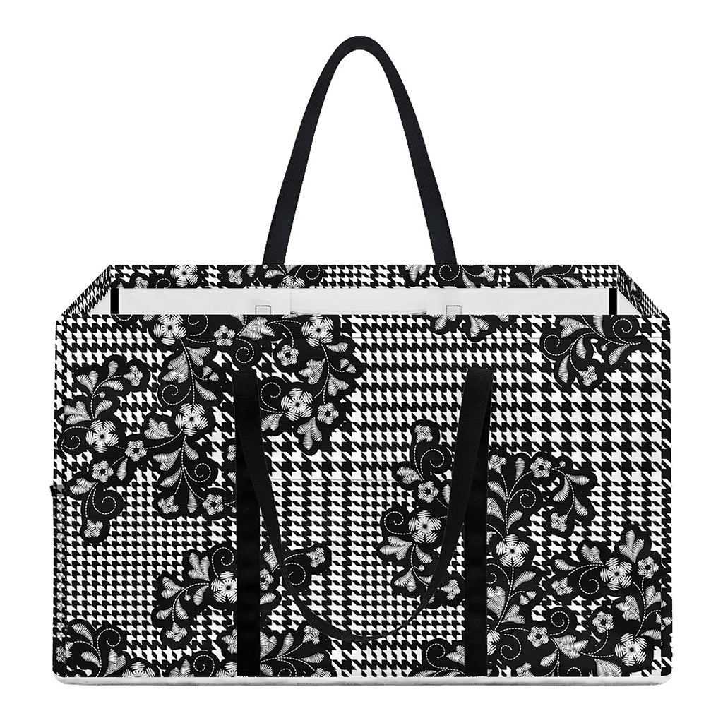 Black And White Floral Glen Plaid Print Utility Tote Bag