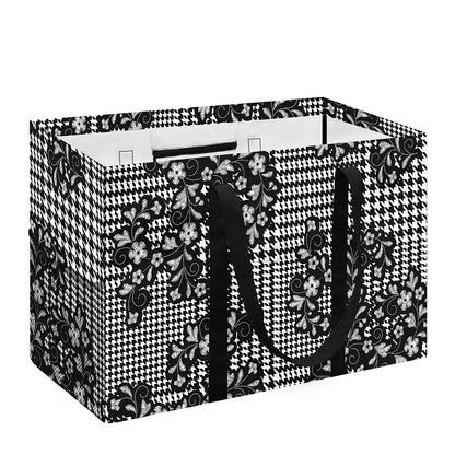Black And White Floral Glen Plaid Print Utility Tote Bag