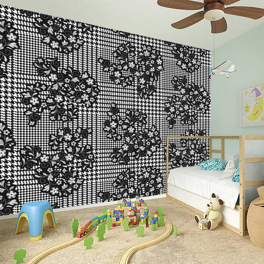 Black And White Floral Glen Plaid Print Wall Sticker
