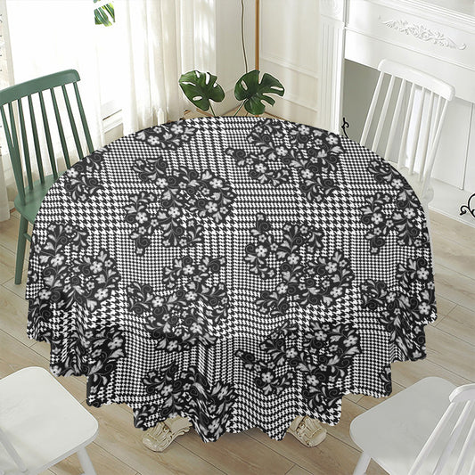 Black And White Floral Glen Plaid Print Waterproof Round Tablecloth