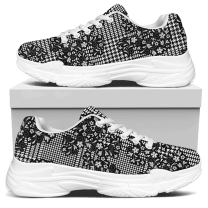 Black And White Floral Glen Plaid Print White Chunky Shoes