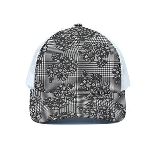 Black And White Floral Glen Plaid Print White Mesh Trucker Cap