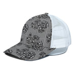 Black And White Floral Glen Plaid Print White Mesh Trucker Cap