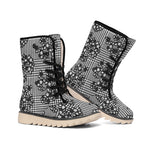 Black And White Floral Glen Plaid Print Winter Boots