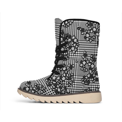 Black And White Floral Glen Plaid Print Winter Boots