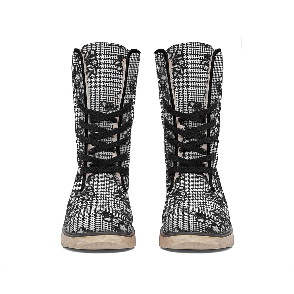 Black And White Floral Glen Plaid Print Winter Boots