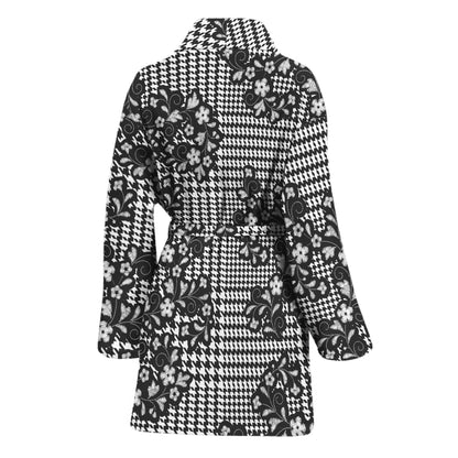 Black And White Floral Glen Plaid Print Women's Bathrobe