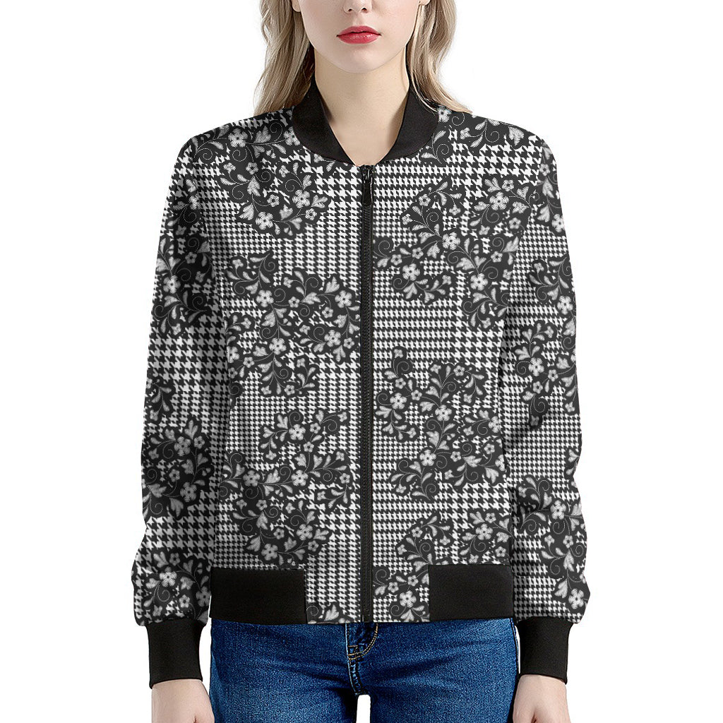 Black And White Floral Glen Plaid Print Women's Bomber Jacket