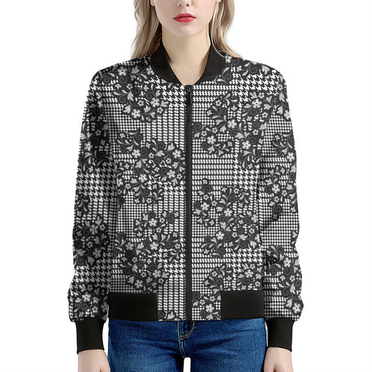 Black And White Floral Glen Plaid Print Women's Bomber Jacket