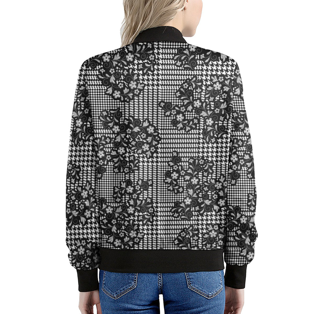 Black And White Floral Glen Plaid Print Women's Bomber Jacket