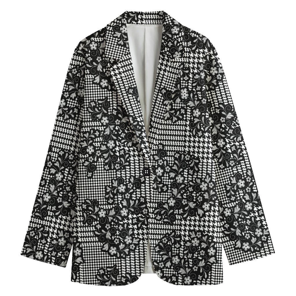Black And White Floral Glen Plaid Print Women's Cotton Blazer