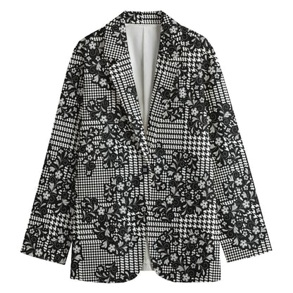 Black And White Floral Glen Plaid Print Women's Cotton Blazer