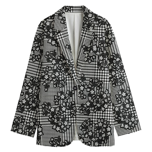 Black And White Floral Glen Plaid Print Women's Cotton Blazer