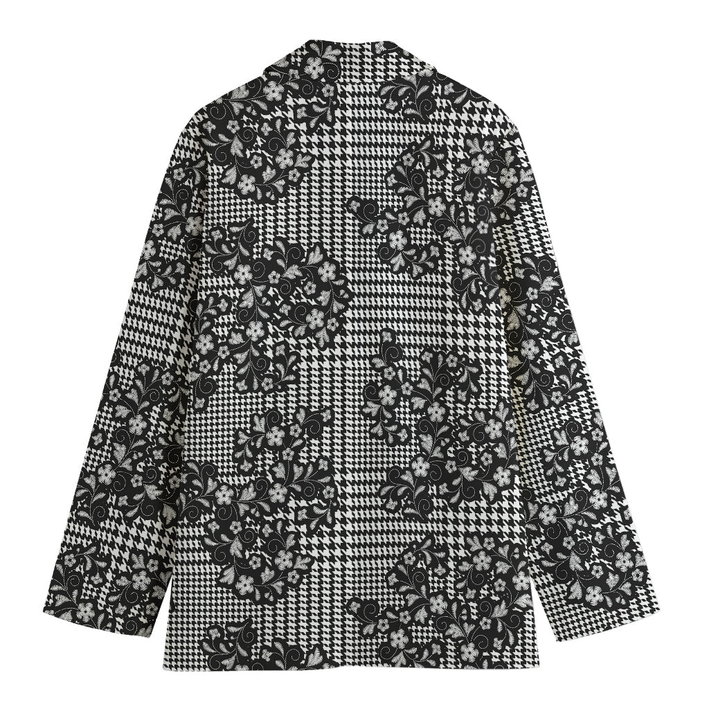 Black And White Floral Glen Plaid Print Women's Cotton Blazer