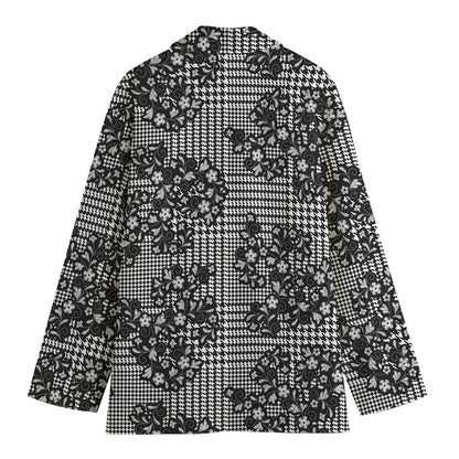 Black And White Floral Glen Plaid Print Women's Cotton Blazer