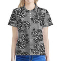 Black And White Floral Glen Plaid Print Women's Polo Shirt