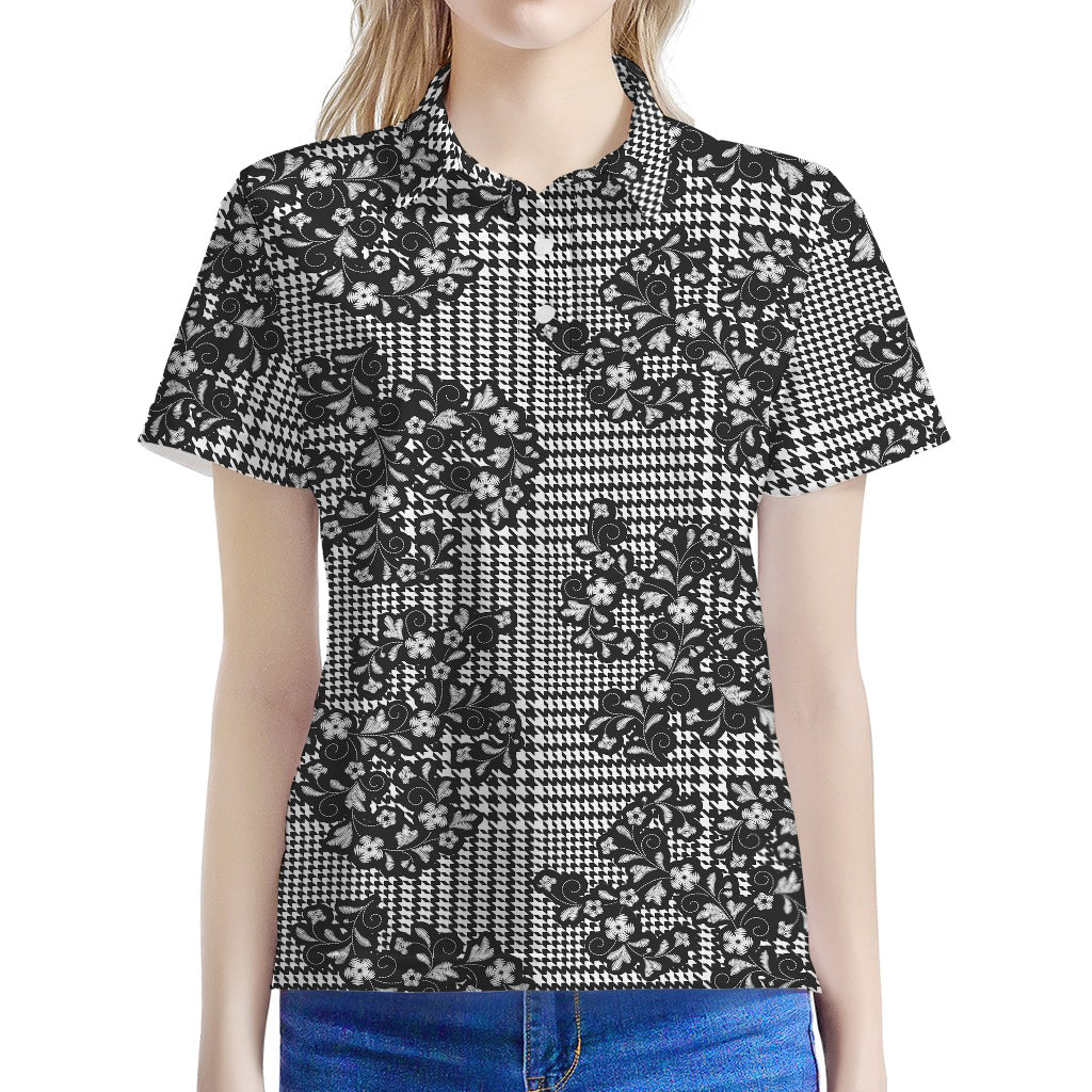Black And White Floral Glen Plaid Print Women's Polo Shirt