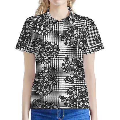 Black And White Floral Glen Plaid Print Women's Polo Shirt