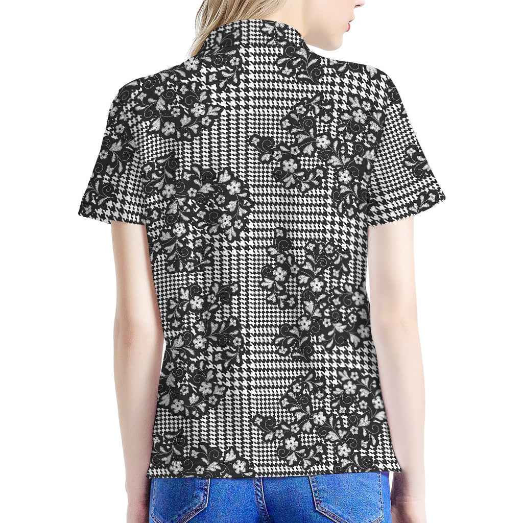 Black And White Floral Glen Plaid Print Women's Polo Shirt