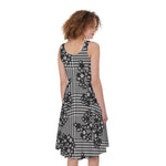 Black And White Floral Glen Plaid Print Women's Sleeveless Dress