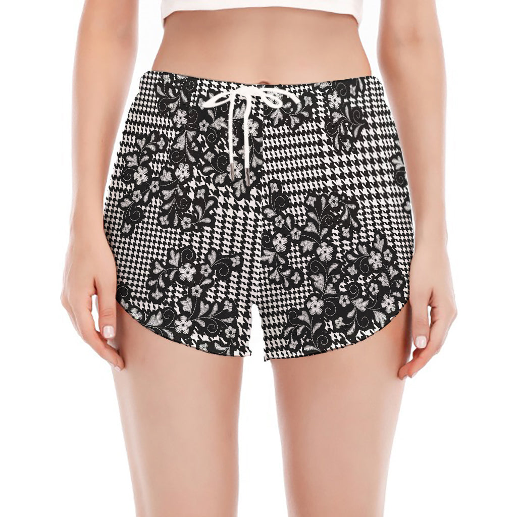 Black And White Floral Glen Plaid Print Women's Split Running Shorts