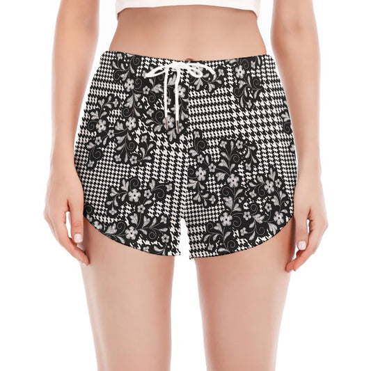 Black And White Floral Glen Plaid Print Women's Split Running Shorts