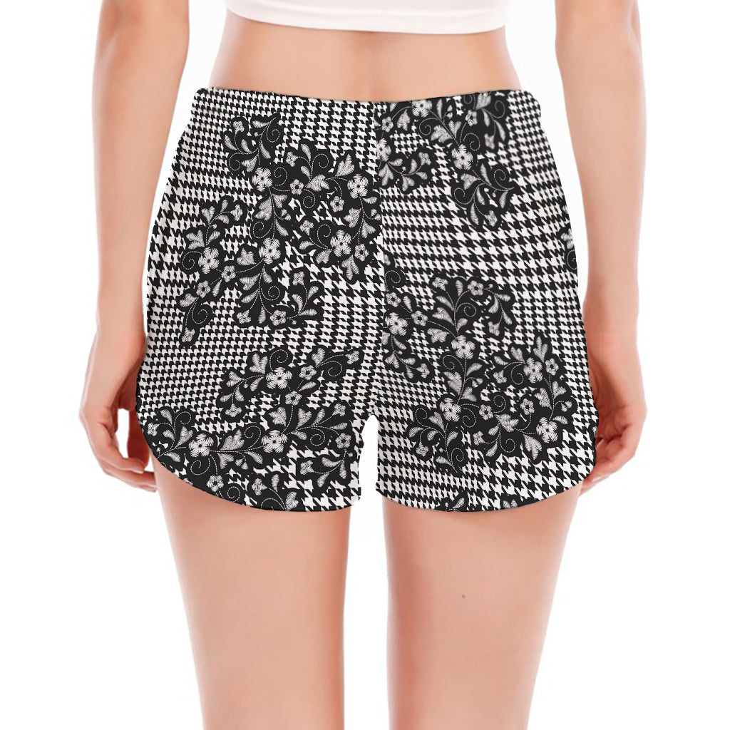 Black And White Floral Glen Plaid Print Women's Split Running Shorts