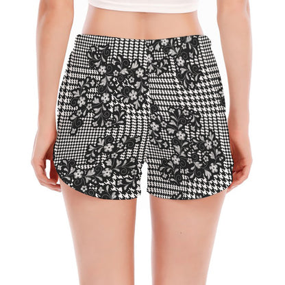 Black And White Floral Glen Plaid Print Women's Split Running Shorts