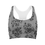 Black And White Floral Glen Plaid Print Women's Sports Bra