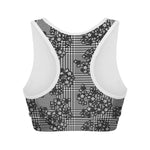 Black And White Floral Glen Plaid Print Women's Sports Bra