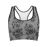 Black And White Floral Glen Plaid Print Women's Sports Bra
