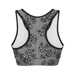 Black And White Floral Glen Plaid Print Women's Sports Bra