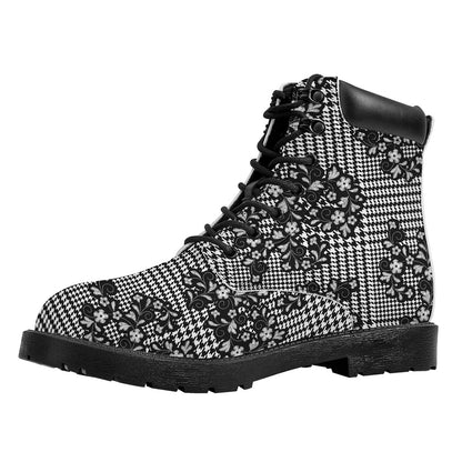 Black And White Floral Glen Plaid Print Work Boots