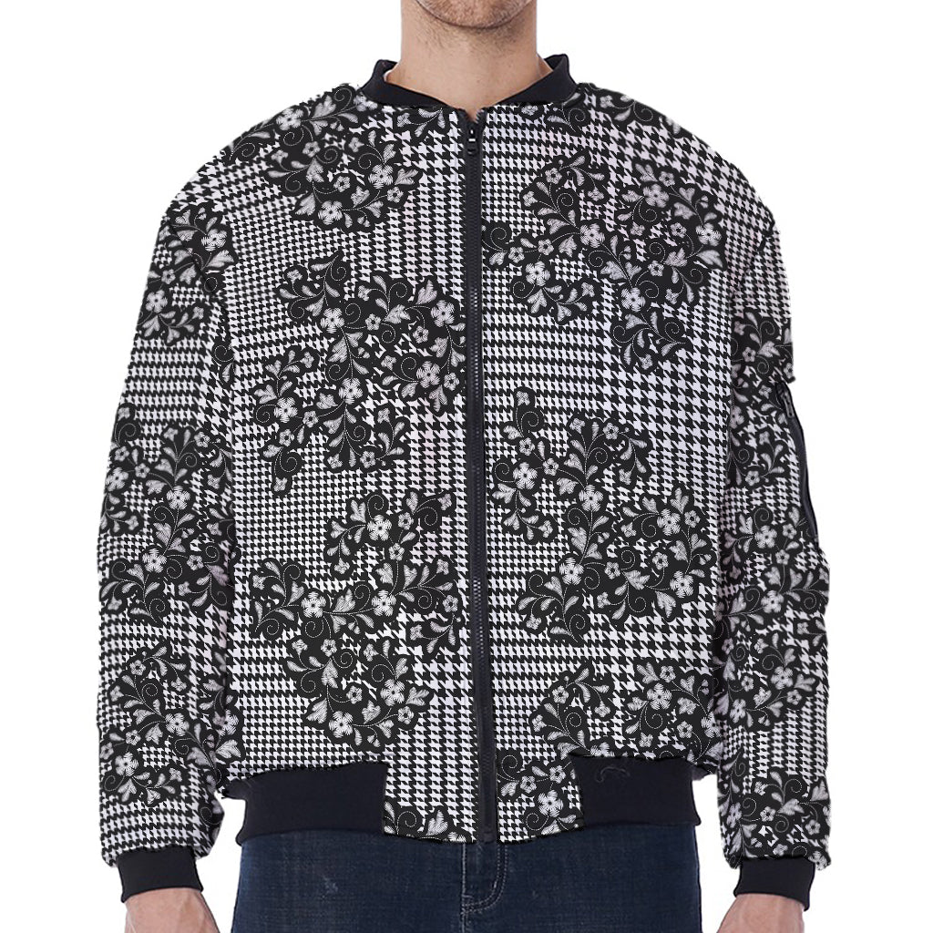 Black And White Floral Glen Plaid Print Zip Sleeve Bomber Jacket