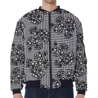 Black And White Floral Glen Plaid Print Zip Sleeve Bomber Jacket