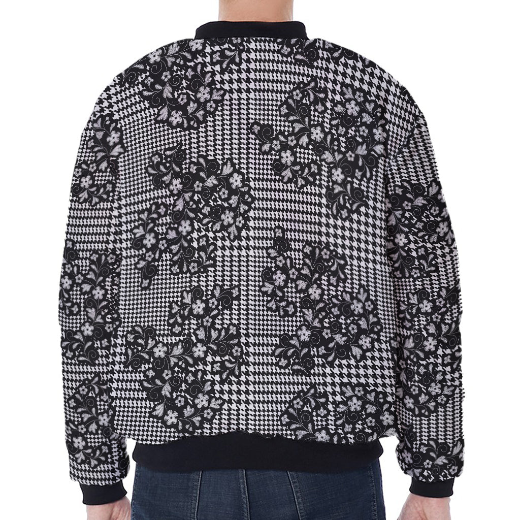 Black And White Floral Glen Plaid Print Zip Sleeve Bomber Jacket